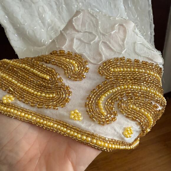 80s Vintage RIGHT CHOICE White and gold Beaded Silk Midi Gown with Slit Large - Picture 9 of 10